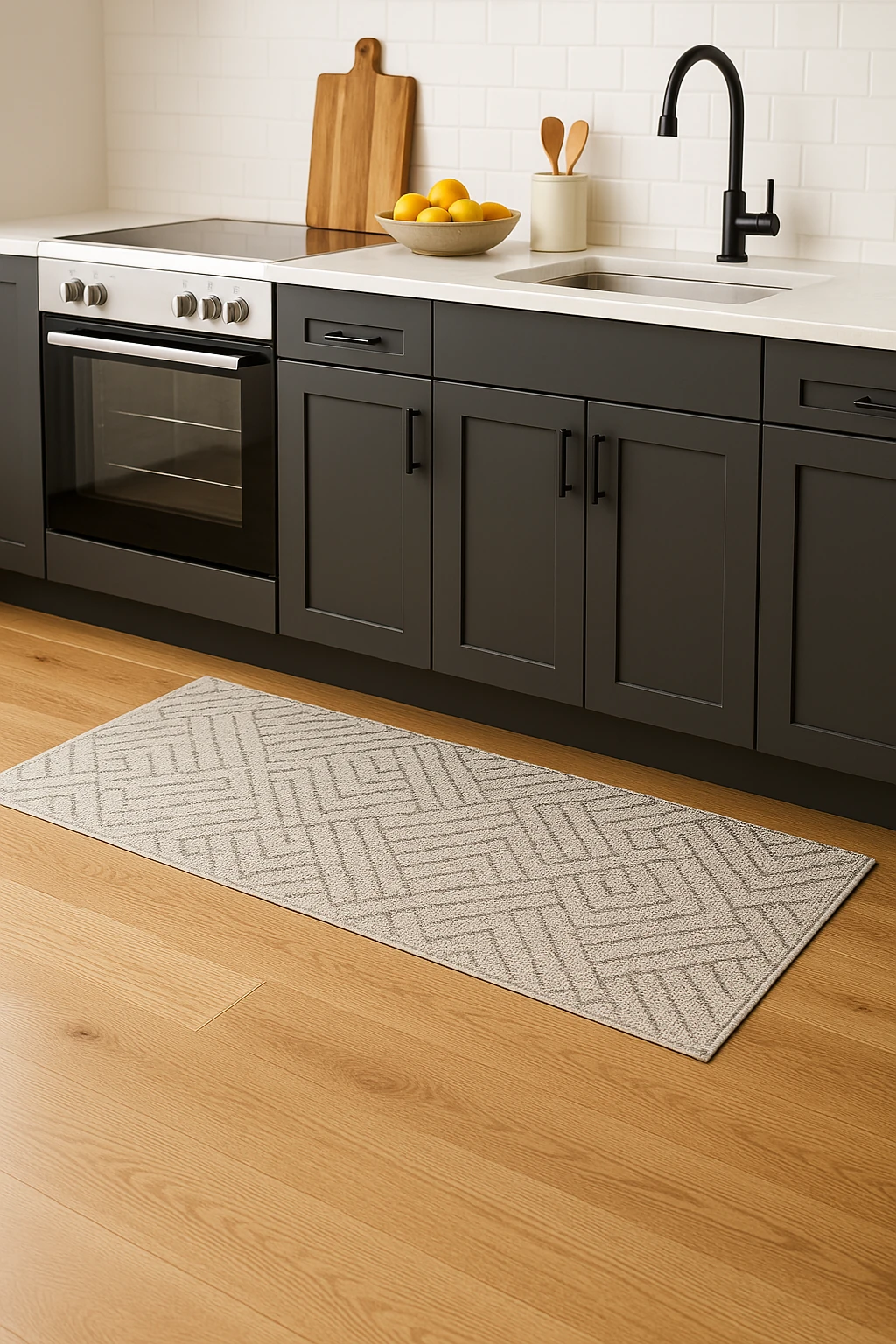 Tappeti lavabili per cucina beige con motivo geometrico posizionato davanti a mobili cucina grigio scuro su pavimento in legno chiaro