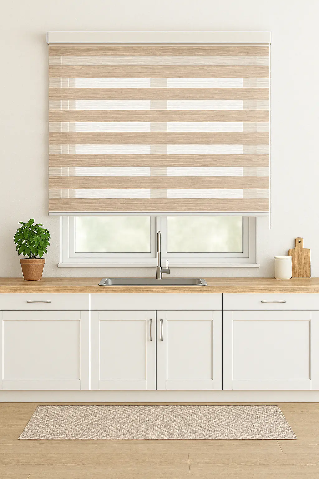 Rendering delle tende a rullo disponibili su piemmecasa abbinate al tappeto su misura per cucina