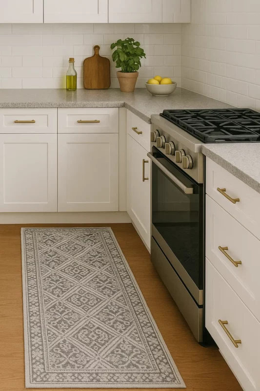 tappeto lungo per cucina con decorazione geometrica sotto il piano cottura